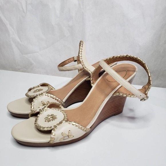 Jack Rogers Clare Wedge Sandal 10‎ Bone Ivory Gold Ankle Strap - Picture 2 of 10